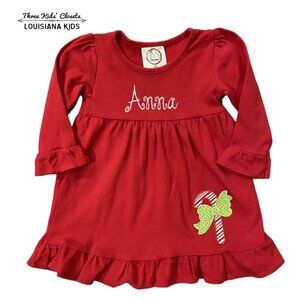 Personalized “Anna” 12m Red Christmas Candy Cane Appliqué Dress